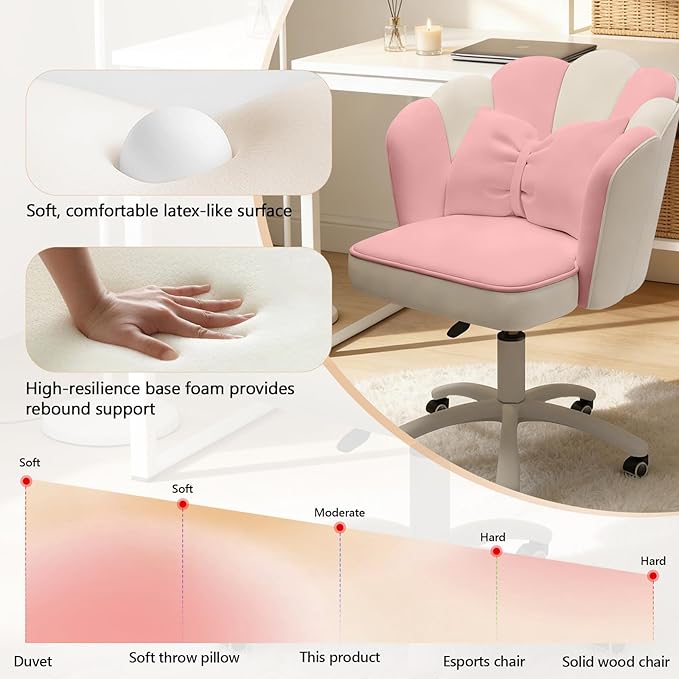 Home Office Desk Chair Swivel Rolling Vanity Chair with Silent Wheels and Comfortable Back, Adjustable Height Upholstered Computer Task Chair for Makeup, Bedroom