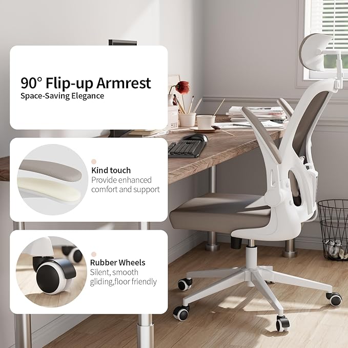 Office Chair Ergonomic Desk Chair with Lumbar Support&Headrest&Flip-up Arms Height Adjustable Rocking Swivel High Computer Chair Multi-Angle from 90° to 125° with 350LBS Capacity(White+Khaki-2)