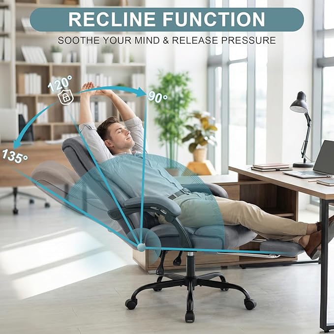 Executive Office Chair,High Back Ergonomic Comfy Desk Chair with Footrest and Padded Linkage Armrests,PU Leather Heavy Duty Computer Swivel Rolling Task Chair for Home Office,Adults,Gray