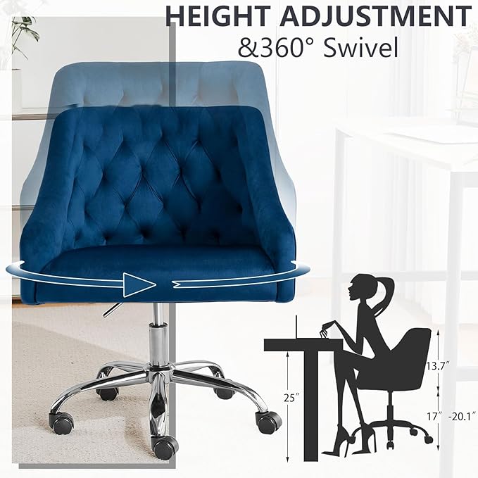 MOJAY Velvet Office Swivel Chair, Vanity Fabric Desk Pretty Fancy Gold Office Chairs for Girls, 360°Swivel Height Adjustable Reception Chair (Navyblue)