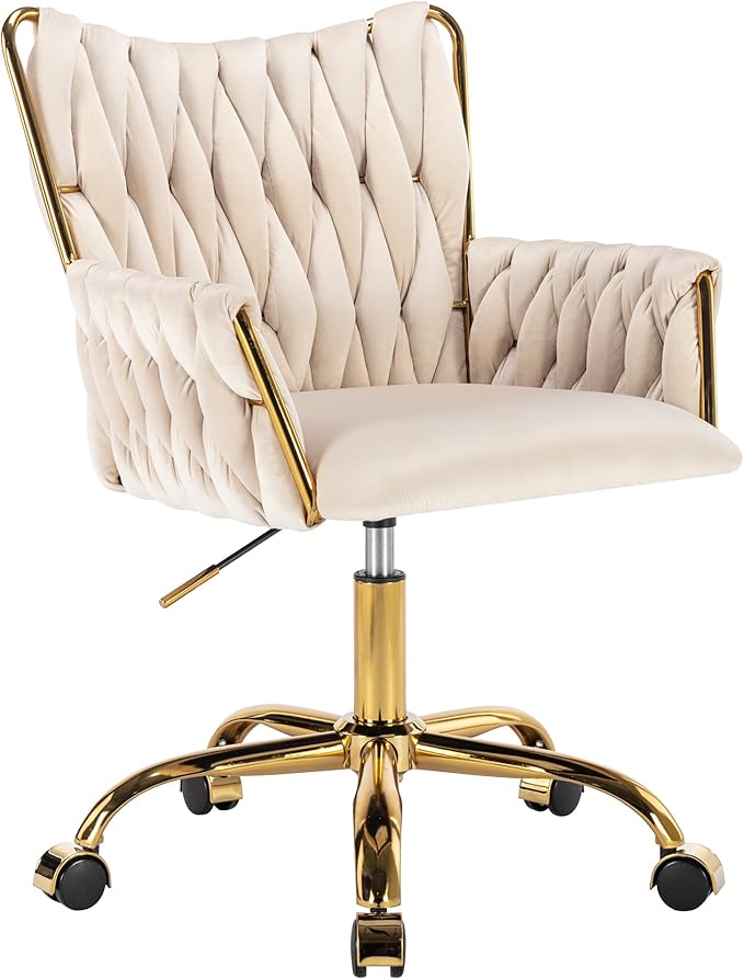 Westice Velvet Desk Chair, Home Office Gold Comfy Chair with Hand Woven Back, Height Adjustable Swivel Chair with Comfy Upholster for Makeup Vanity Living Room Bedroom, Beige
