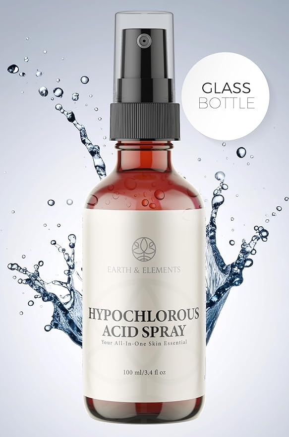 Earth & Elements Hypochlorous Acid Spray 0.015% – pH Balanced HOCl Facial & Body Mist for Redness, Sensitive & Acne-Prone Skin – Soothing Mist – Amber Glass Bottle
