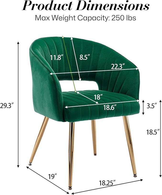 Modern Velvet Vanity Chair, Home Office Desk Chair with Hollow Back, Upholstered Dining Chair with Gold Metal Legs, Comfy Accent Armchair for Living Room Bedroom, Dark Green