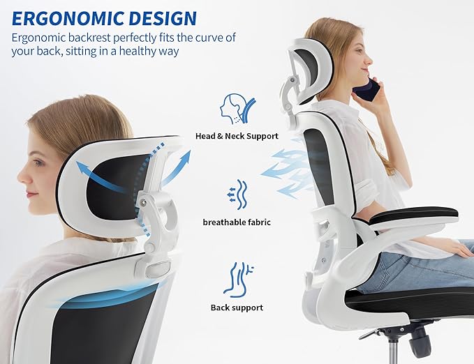 TRALT Ergonomic Office Chair - Desk Chair with Adjustable Headrest Lumbar Support Computer Chair - Mesh Comfy Chair with Flip-up Armrests - Gaming Chairs for Adults Home Office (Leather, Black White)