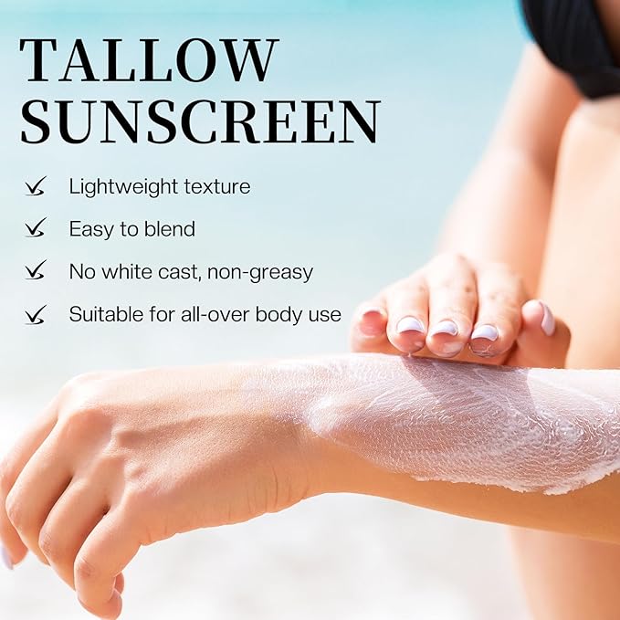 Beef Tallow Sunscreen: Tallow with Zinc Oxide & Beeswax - Natural Moisturizing Protection for Dry Sensitive Skin & All Ages, Non-Greasy Formula 60g