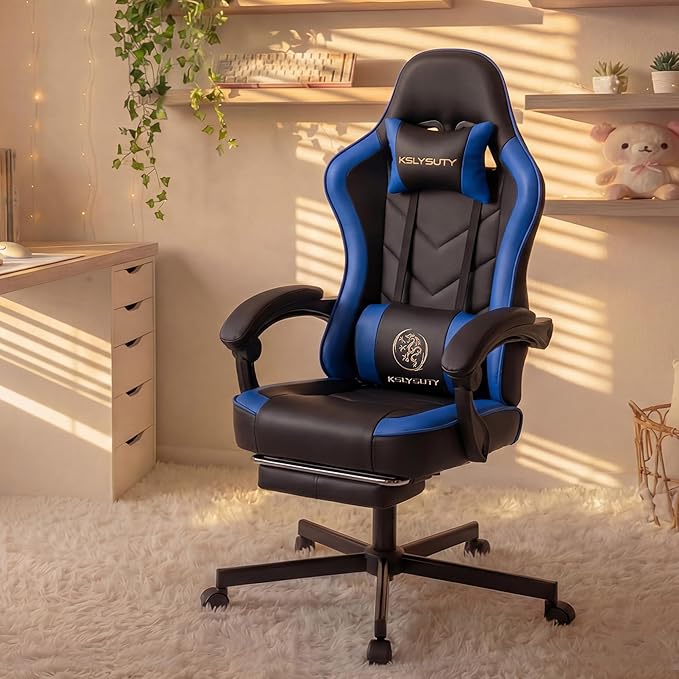 Office Chair Breathable Leather with Pocket Spring Cushion, Wide and High Ergonomic Computer Gaming Chair with Headrest and Footrest for Adult, Black and Blue