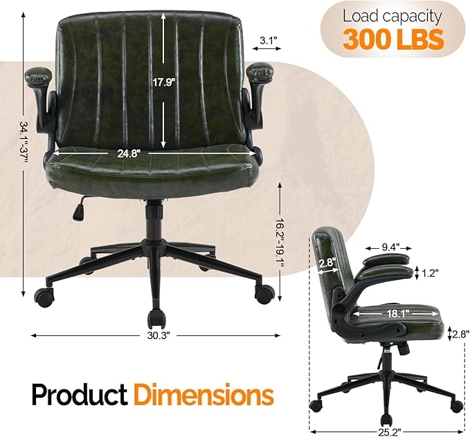 VINGLI Criss Cross Chair with Adjustable Flip-Up Arms,Cross Legged Chair with Wheels, Extra Wide Office Chair,Comfortable Desk Chair for Home Office, Vanity, Bedroom, PU Leather,Dark Green