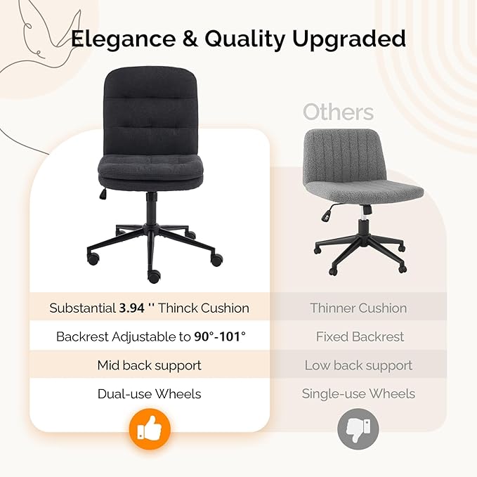 VINGLI Mid Back Armless Office Desk Chair with Wheels/no Wheels,360°Rocking Swivel Vanity Chair with Thickened Cushion,Adjustable Height Rolling for Reading Room, Make up, Linen Black