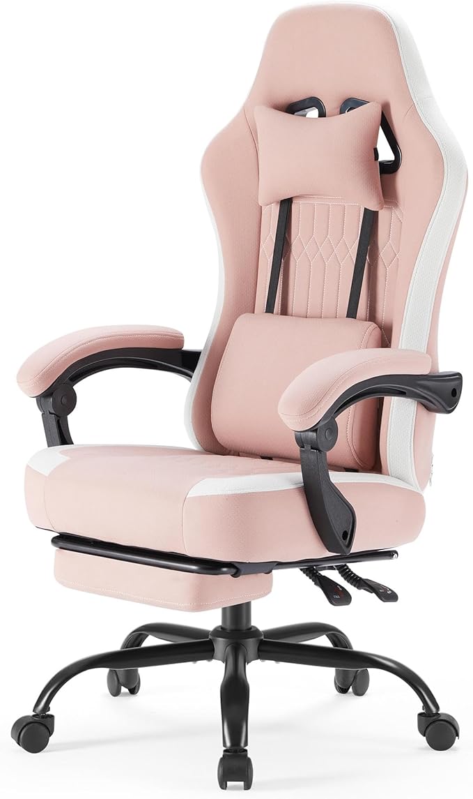 NEWBULIG Gaming Desk Chair - High Back Computer Office Chair with Footrest and Headrest, Comfy Ergonomic Lumbar Support with Linkage Armrests, Height Adjustable and 360° Swivel Wheels, Pink