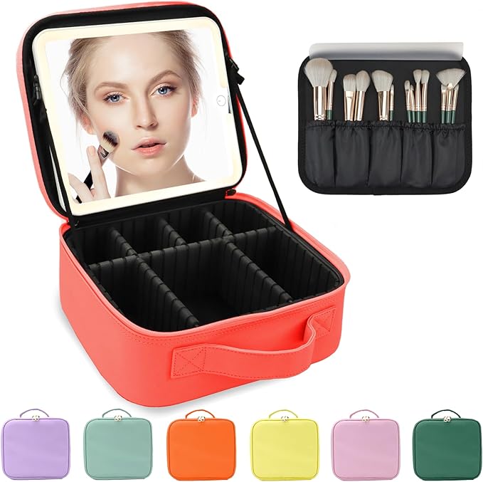 Makeup Bag with Led Mirror,Large Vanity Makeup Cases with 3 Color Setting,Portable Storage and Adjustable Dividers,for Women and Makeup Artists Cosmetic Organizer Travel Makeup Bag-Red