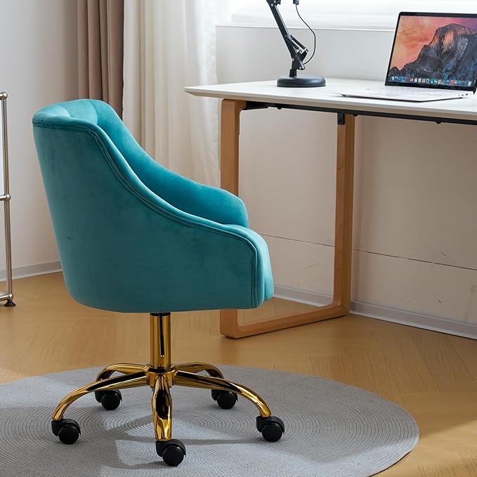 MOJAY Velvet Office Swivel Chair, Vanity Fabric Desk Pretty Fancy Gold Office Chairs for Girls, 360°Swivel Height Adjustable Reception Chair (Lake Blue)