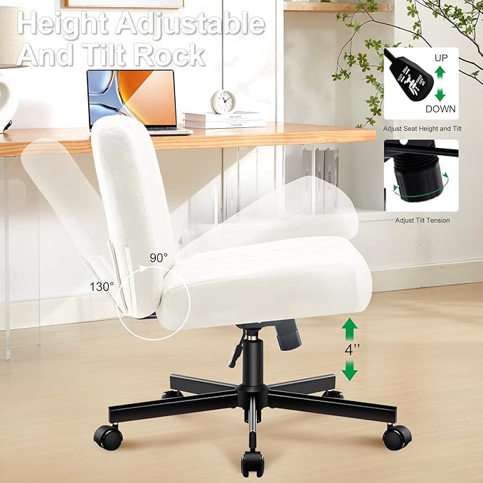 Criss Cross Chair with Wheels,Thick Padded Fabric Cross Legged Office Desk Chair with Pocket Spring Cushion,Dual-Purpose Base,Wide Adjustable Computer Home Office Vanity Chair,Cream White