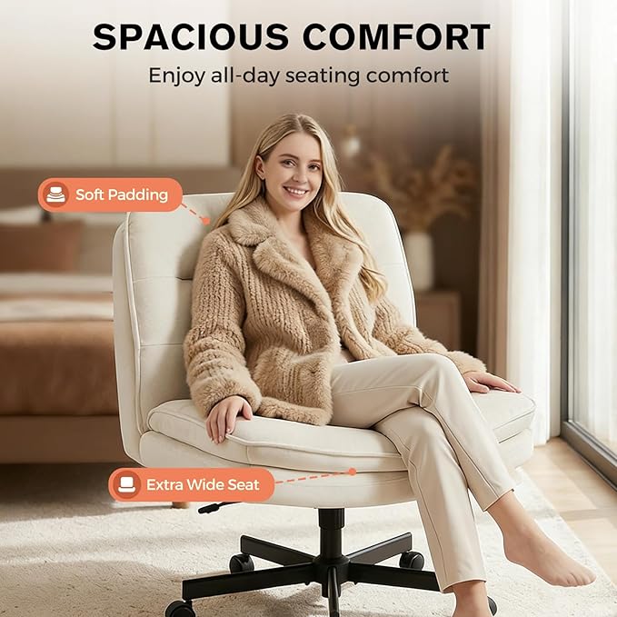 GTPLAYER Cross Legged Office Chair, Armless Desk Chair Cute Vanity Chair with Wheels Computer Chair Comfy Wide Office Chair Adjustable Swivel for Home Computer Task, Soft Velvet, Beige