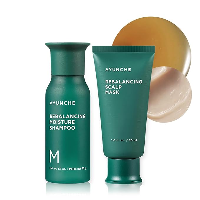 AYUNCHE Rebalancing Shampoo Moist 1.5 fl. oz. + Hair Mask 1 fl. oz. Mini Kit | For Dry Scalp | Soft & Moisturizing Cleansing Shampoo | Anti-Hair Loss & Thinning | Korean Salon Brand | Gift Set