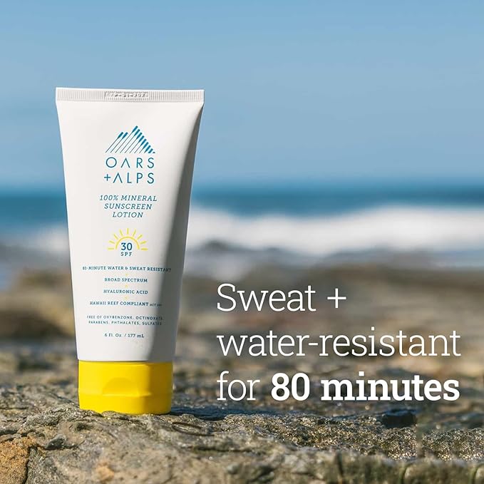 Oars + Alps SPF 30 Mineral SPF Sunscreen Body Lotion, Infused with Hyaluronic Acid, Shea Butter, and Coconut Oil, Water and Sweat Resistant, 6 Fl Oz