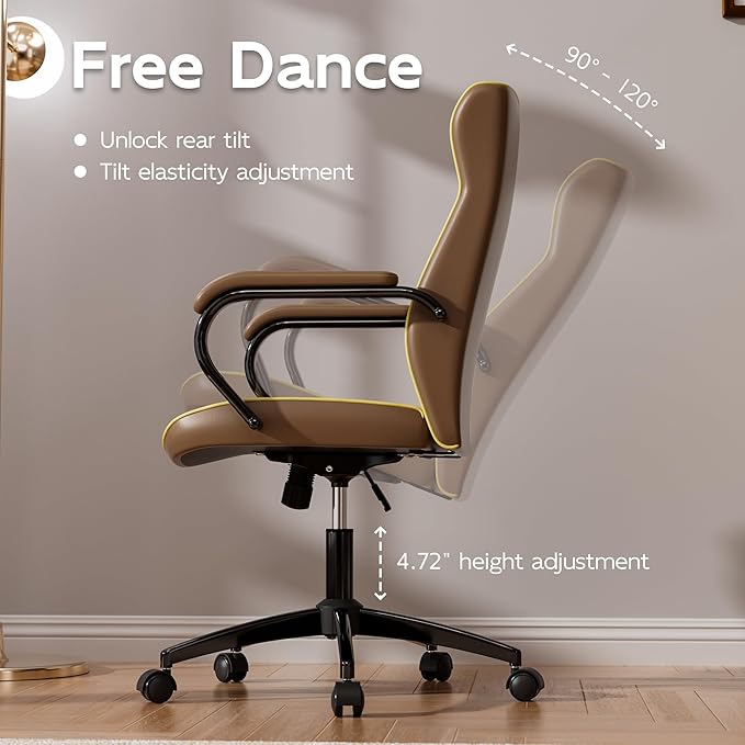 Brown Office Chair with Soft Leather Embroidery, Mid Back Vintage Swivel Executive Desk Chair with Wheels and Padded Arms, Adjustable Height