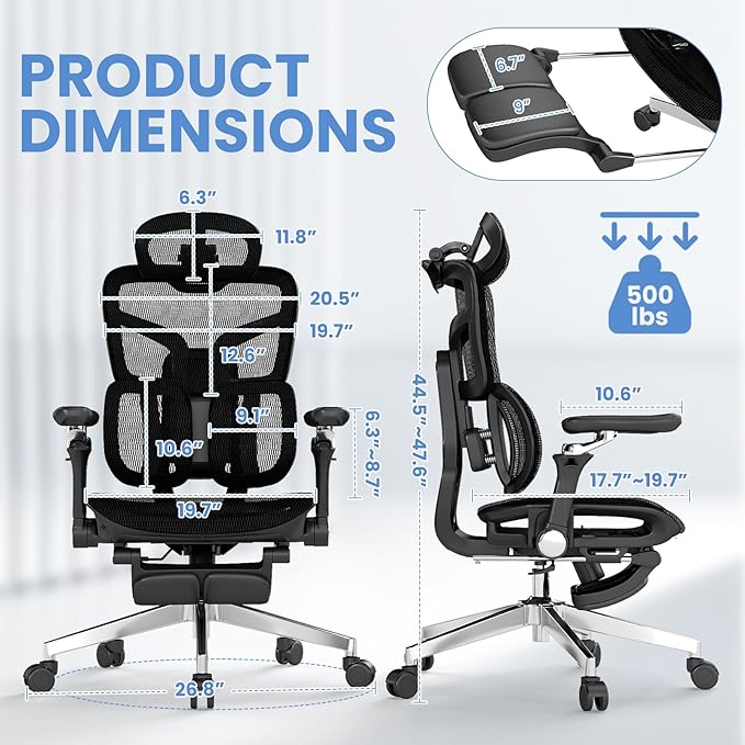 MOJAY Ergonomic Office Chair with Footrest, Big and Tall Desk Chair with Lumbar Support, High Back Home Desk Chair for Long Desk Work, Swivel Rolling Computer Seating with 6D Armrest for Home Office