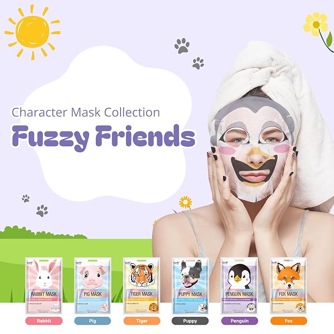 Epielle Character Face Mask Penguin 6 Pack, Fun & Effective Korean Skin Care, Spa Party Favors, Stocking Stuffers, Birthday Gifts for Women, Self Care Gifts