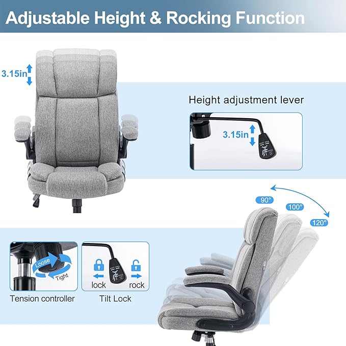 Office Chair High Back Ergonomic Executive Computer Desk Chair Comfortable Fabric Padded Home Office Desk Chairs with Flip-up Arm Rest Adjustable Height Swivel Wheels (Grey)