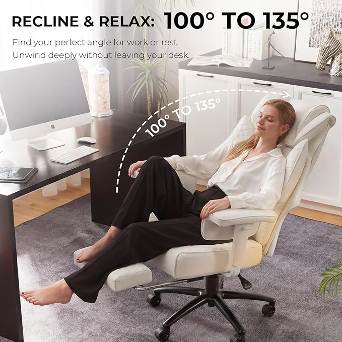 Dowinx Big and Tall Office Chair with Massage Lumbar Support,Executive Office Chair with Wide Thick Seat Cushion and Adjustable Armrest,Computer Gaming Chairs with Footrest (White,PU Leather)