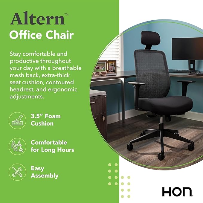 HON Altern Ergonomic Office Chair with Headrest, Arms, Wheels, Foam Cushion Seat, Mid Back Home Office Desk Chair Comfy, Gaming Chair, Height Adjustable Arms, Synchro-Tilt, Seat-Slide, Black