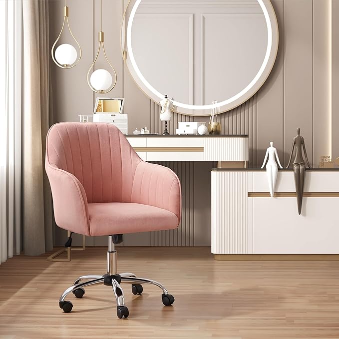 Yaheetech Pink Desk Vanity Chair Comfy Modern Aesthetic Accent Armchair Height Adjustable Swivel Computer Chair for Bedroom or Office