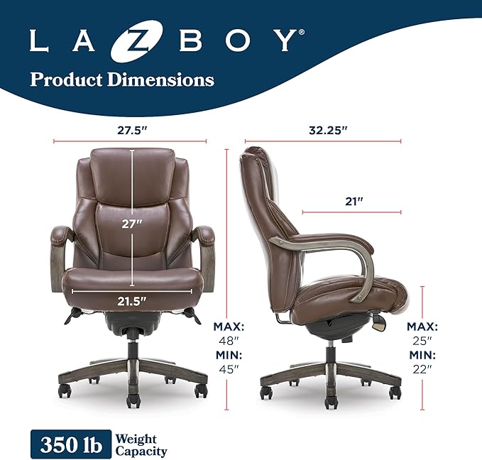 La-Z-Boy Delano Big and Tall Executive Office Chair - Ergonomic Lumbar Support Memory Foam - Bonded Leather Desk Chair for Home Office - Weathered Gray Wood Arms - Brown