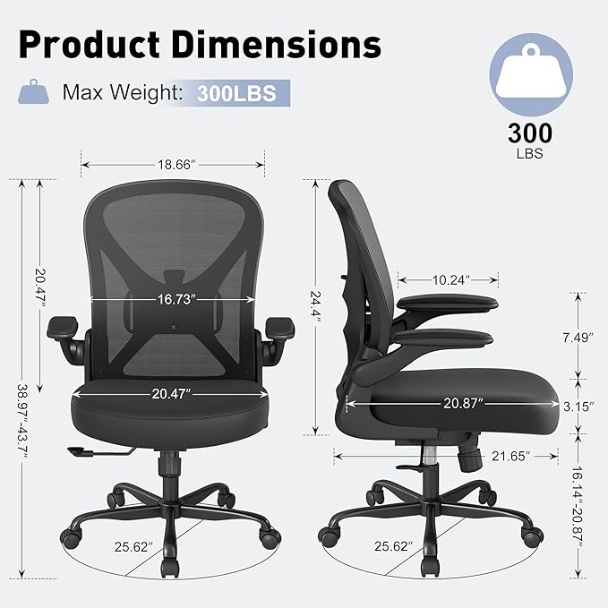 Mesh Office Chair with Adjustable Lumbar Support and Flip-up Arms, Ergonomic Home Office Desk Chair with Wheels, Black