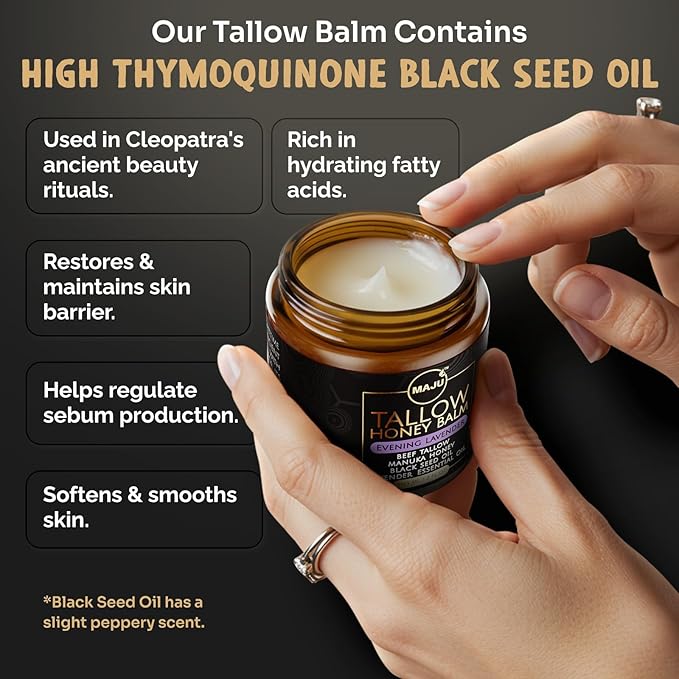 MAJU Tallow Honey Balm, Evening Lavender (2 oz), Grass Fed Beef Tallow for Skin with Organic Black Seed Oil, Manuka Honey and Organic Beeswax, Skin and Face Moisturizer for Deep Hydration