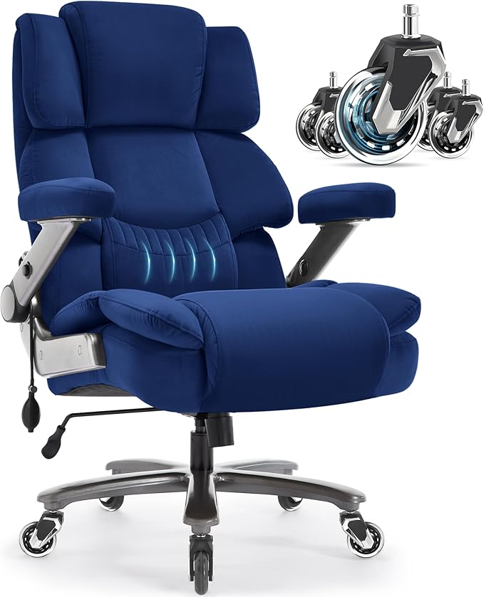 Fabric 700lbs Big and Tall Office Chair-Large Computer Chair with Adjustable Lumbar Support 3D Flip Arms Plus Size Wheels, High Back Executive Desk Chair, Heavy Duty Metal Base, Thick Padded Wide Seat