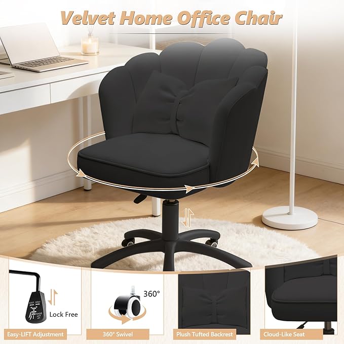Home Office Desk Chair Swivel Rolling Vanity Chair with Silent Wheels and Comfortable Back, Adjustable Height Upholstered Computer Task Chair for Makeup, Bedroom