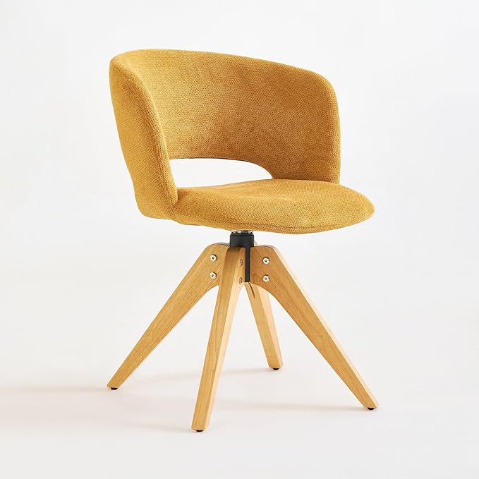 Mid Century Modern Swivel Accent Chair with Solid Wood Legs, Home Office Desk Chair No Wheels, Makeup Chair for Vanity, Upholstered Chair for Bedroom, Yellow