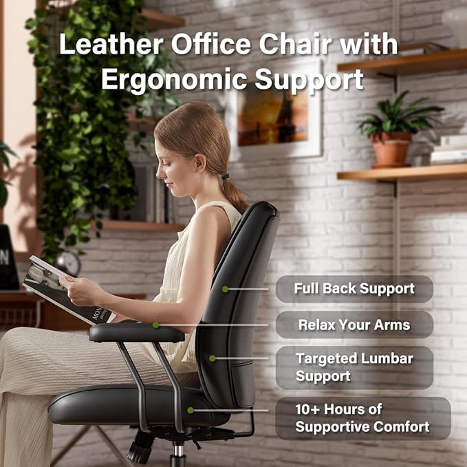 Black Leather Office Desk Chair with Quiet Rubber Wheels, Height Adjustable, Padded Arms, Vintage Mid Century Office Chair, Retro Style Desk Chair
