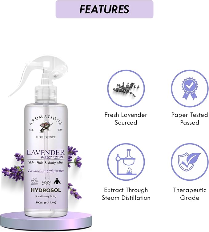 Aromatique Lavender Water Toner/Mist Spray/Hydrosol for Soothing Skin & Hair Hydration Solution - Balances, Refines & Enhances - Gentle for All Types - Daily Use