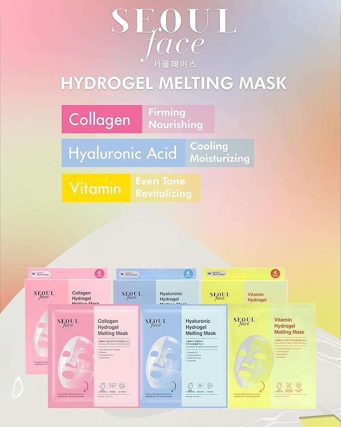 DERMAL Seoul Face Collagen Hydrogel Melting Mask (4 Pack) - Korean Overnight Face Mask for Glassy Skin & Pore Care - Deep Hydration Jelly Gel Sheet with 300Da Low Molecular Collagen Ritual