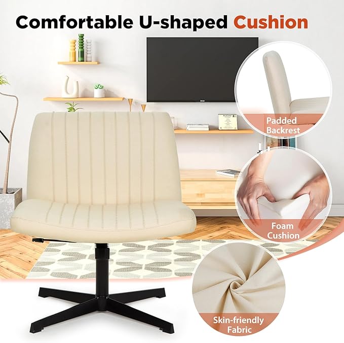 PayLessHere | Criss Cross Chair | Beige | Wide, Armless Desk Chair Without Wheels | 360 Swivel, Height Adjustable & Stable Metal Base | for Office, Home Office, Vanity Seating
