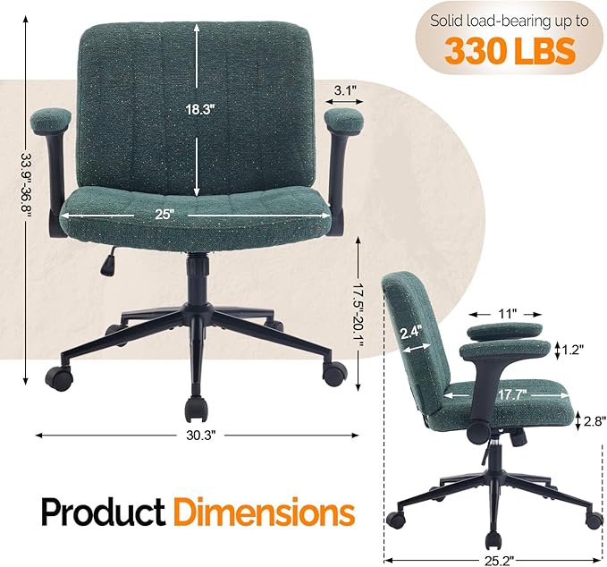 VINGLI Criss Cross Chair with Adjustable Flip-Up Arms,Cross Legged Chair with Wheels,Extra Wide Office Chair,Desk Chair for Home,Office,Vanity,Bedroom,Apartment,Starry Chenille,Dark Green