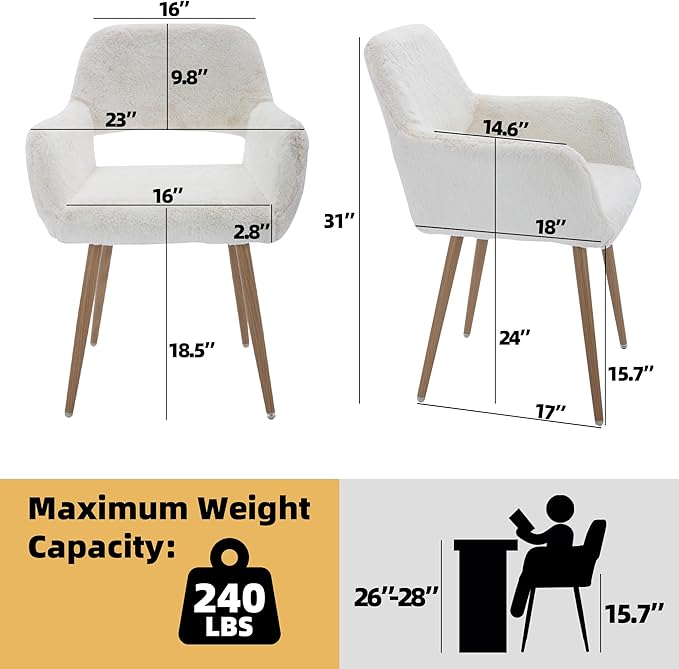 Furry Desk Chair Set of 2, Modern Home Office Chair Without Wheels, Faux Fur Vanity Chair with Hollow Backrest, Comfy Armchair Wood Frame with Strudy Metal Legs, White