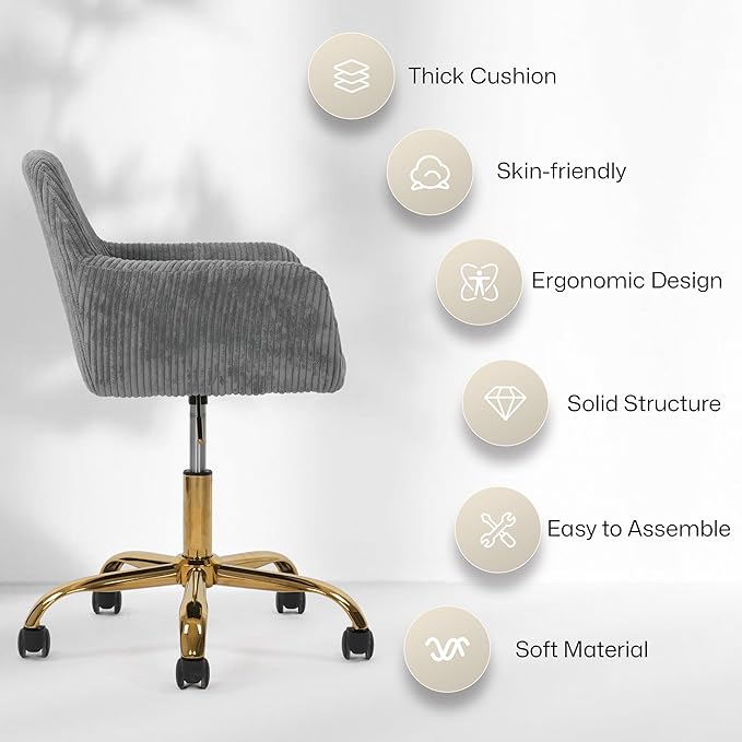 Faux Fur 360°Swivel Desk Chair, Height Adjustable Home Office Armchair with Golden Base for Teens Women Girls, Upholstery Computer Chair for Home Studios, Corduroy & Dark Gray