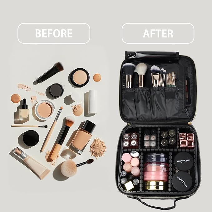 Travel Makeup Case 4 Layers Portable Makeup Train Case Cosmetic Bag Organizer Storage for Women with Adjustable Dividers and Shoulder Strap for Toiletry Travel Accessories(black)