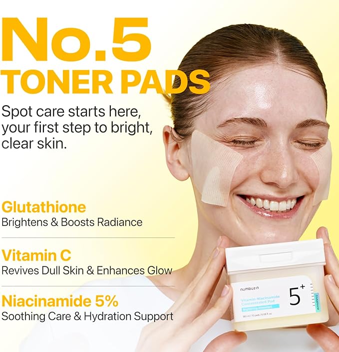 numbuzin No.5 Vitamin-Niacinamide Concentrated Pad, Daily Double-Sided Facial Pads with Glutathione, PHA & LHA for a Fresh, Radiant-Looking Skin Finish 180 ml (70 Pads)