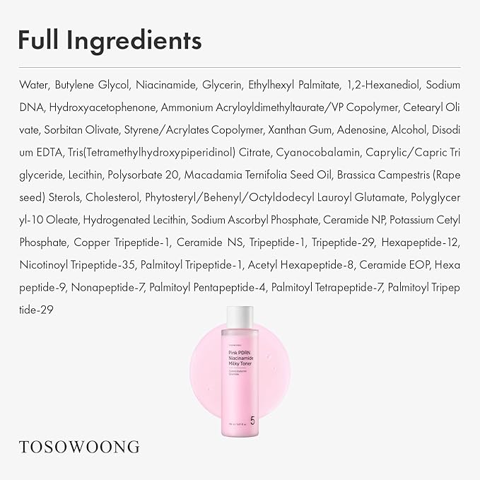 TOSOWOONG Pink PDRN Niacinamide Milky Toner, Niacinamide 5% Dark Spot Care, Salmon DNA PDRN Soothing, 3 Ceramides & 12 Peptides Moisturizing, Glass Glow Skin, Korean Skincare, 150ml / 5.07 fl. oz.