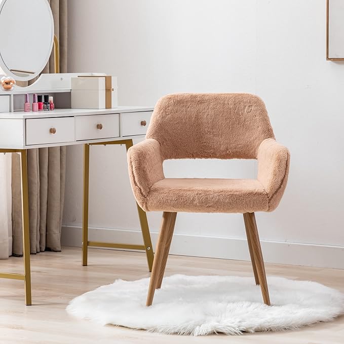 KCC Furry Desk Chair, Mid-Century Modern Accent Faux Fur Chair for Teen Girls, Comfy Armchair with Wood Look Metal Legs for Living Dining Room, Home Vanity Makeup Office Desk Chairs No Wheel, Camel