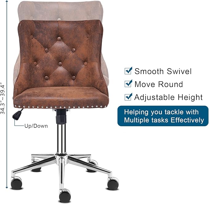 VINGLI Rustic Microfiber Armless Home Office Desk Chair with Silver Base/Wheels, Small Cute Vanity/Makeup Chair with Back for Bedroom, Upholstered Adjustable Rolling Swivel Nail Chair for Women/Girls