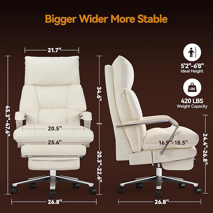 M76 160° Reclining Executive Office Chair with Footrest, Adjustable Seat Depth, 10" Thick Cloud Cushion Desk Chair, 420lb Heavy Duty High Back Leather Desk Chair for Home Office, Cream