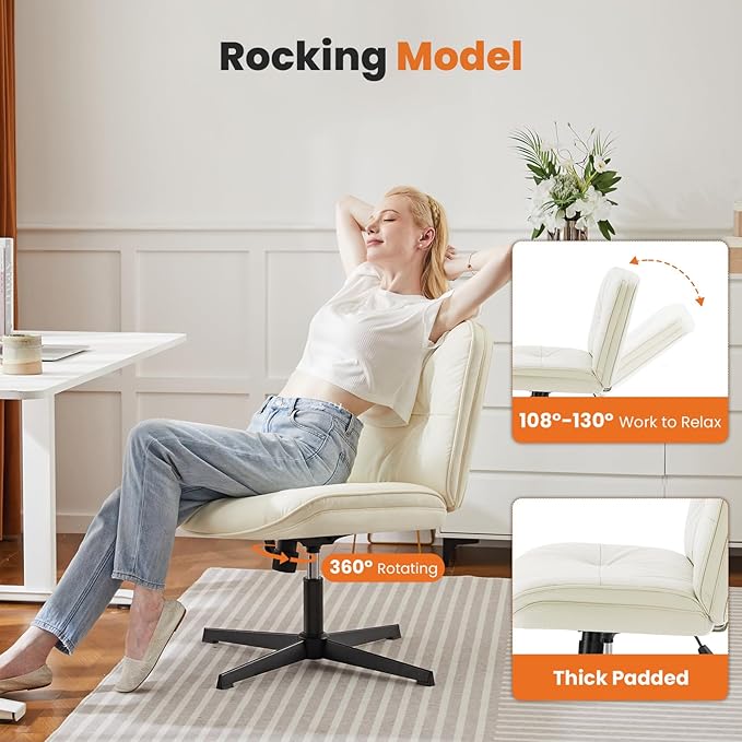 Sweetcrispy Armless-Office Desk Chair Without Wheels, Cross Legged Wide Chair, PU Leather Comfortable Adjustable Swivel Computer Task Chairs for Home,Office,Make Up,Small Space,Bed Room Light Beige