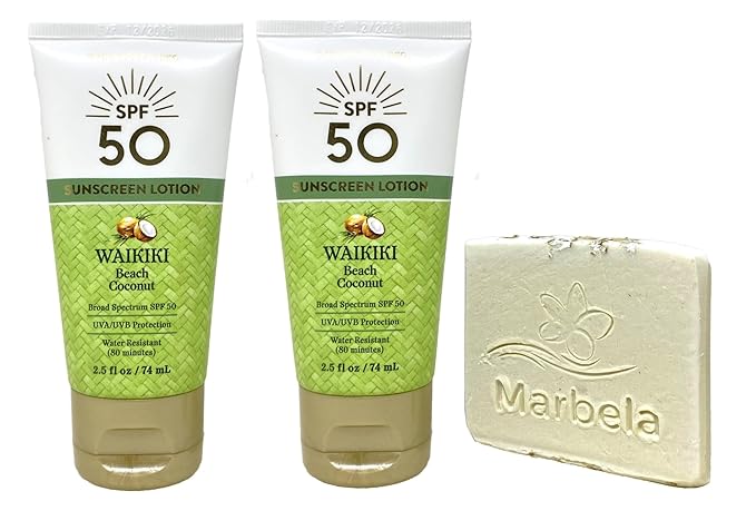 Bath & Body Works Waikiki Beach Coconut SPF 50 Sunscreen Lotion 2 Pack Travel Size with a Natural Oats Sample Soap