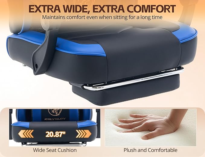 Office Chair Breathable Leather with Pocket Spring Cushion, Wide and High Ergonomic Computer Gaming Chair with Headrest and Footrest for Adult, Black and Blue