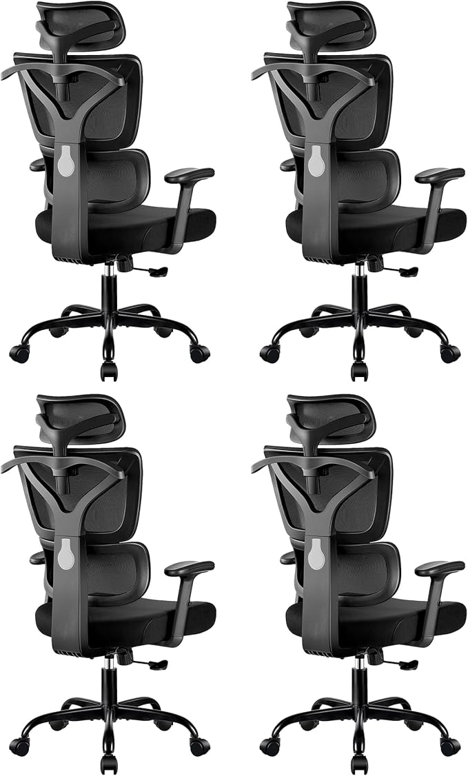 Ergonomic Office Chair High Back Desk Chair with Lumbar Support, Breathable Mesh Computer Chair with Adjustable Armrests Height, Reclining Big and Tall Gaming Chair for Home Office(Black 4Pack)