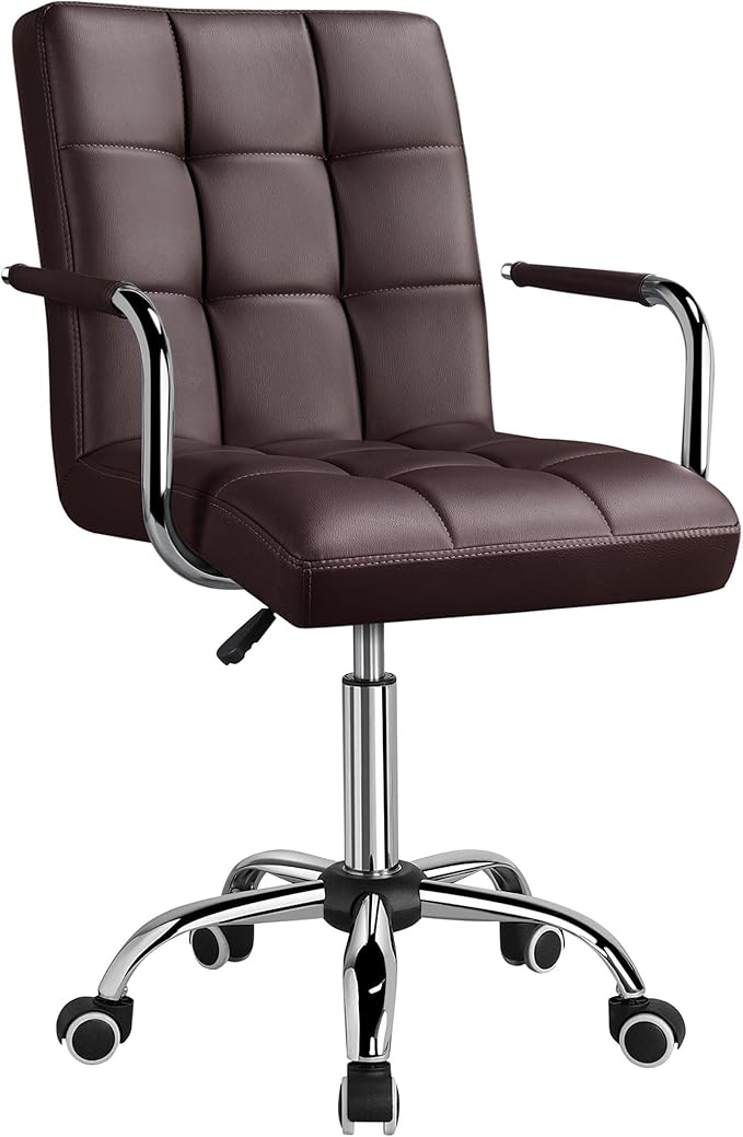 Yaheetech PU Leather Mid-Back Task Desk Chair Modern Adjustable Swivel Home Office Chair with Smooth Casters Brown